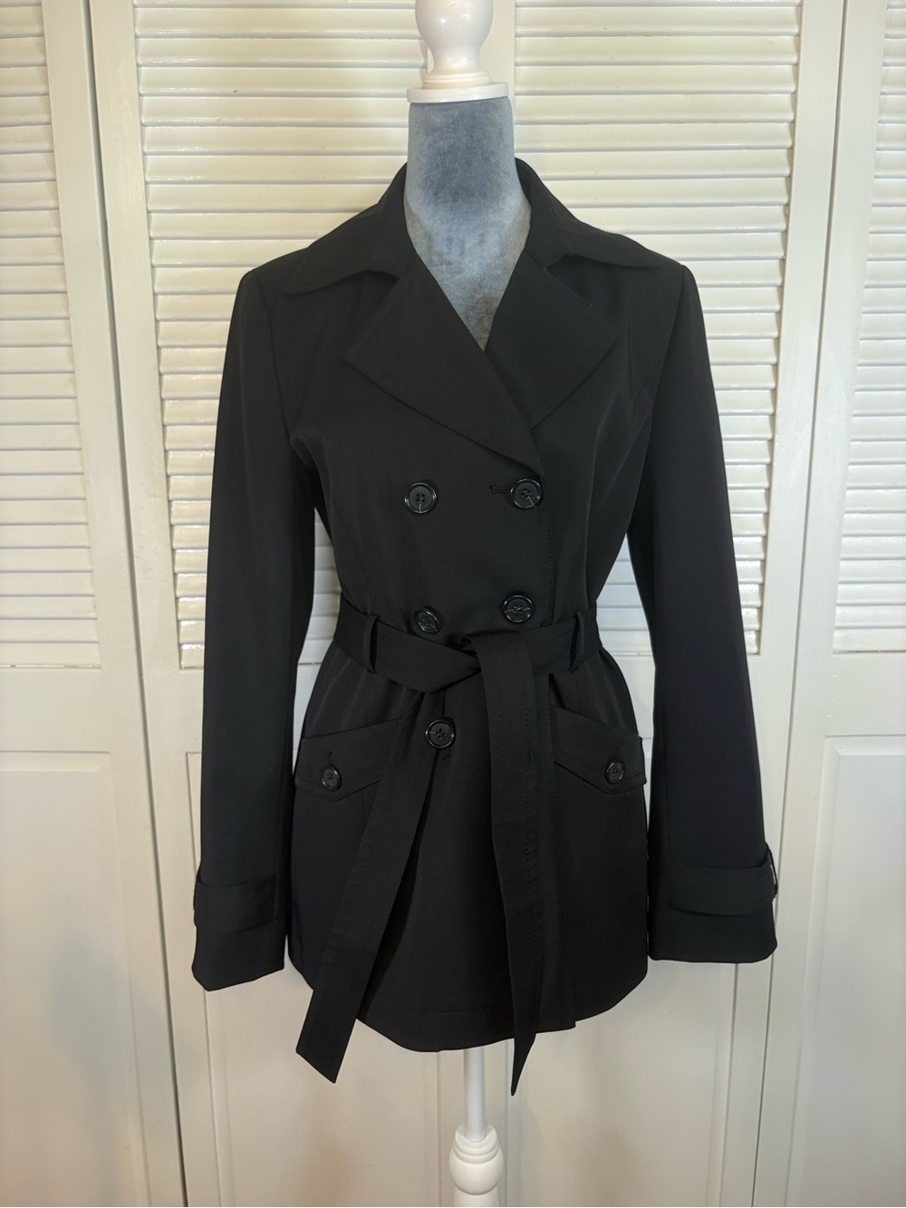 Ann Taylor Classic Black Double-Breasted Trench Coat with Belt Size S